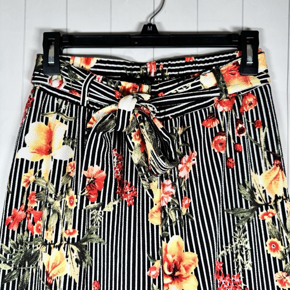 Wide Leg Floral Print Dress Pants Belted High Waist Black Stripe Feminine Boho S - Picture 2 of 6